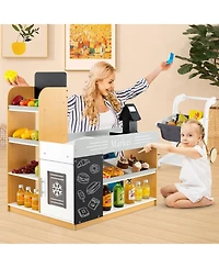 Skonyon Wooden Supermarket Playset with Checkout Counter & Shopping Cart