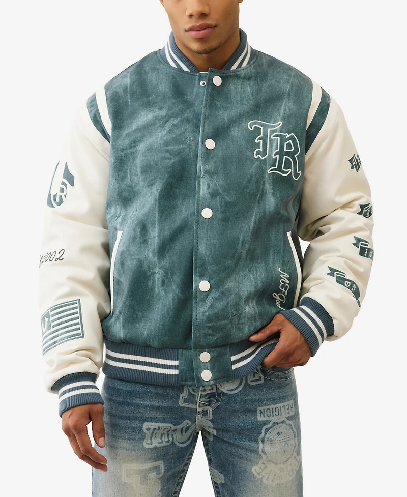 True Religion Men's Denim Print Retro Varsity Jacket