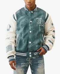 True Religion Men's Denim Print Retro Varsity Jacket