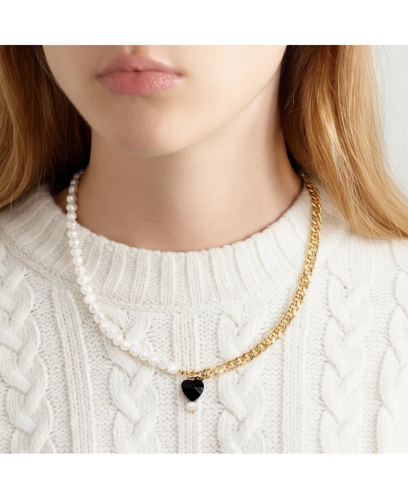 Joey Baby 18K Gold Plated Chain, Freshwater Pearls with Black Heart Charm - Kuro Necklace 17" For Women