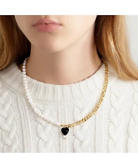 Joey Baby 18K Gold Plated Chain, Freshwater Pearls with Black Heart Charm - Kuro Necklace 17" For Women