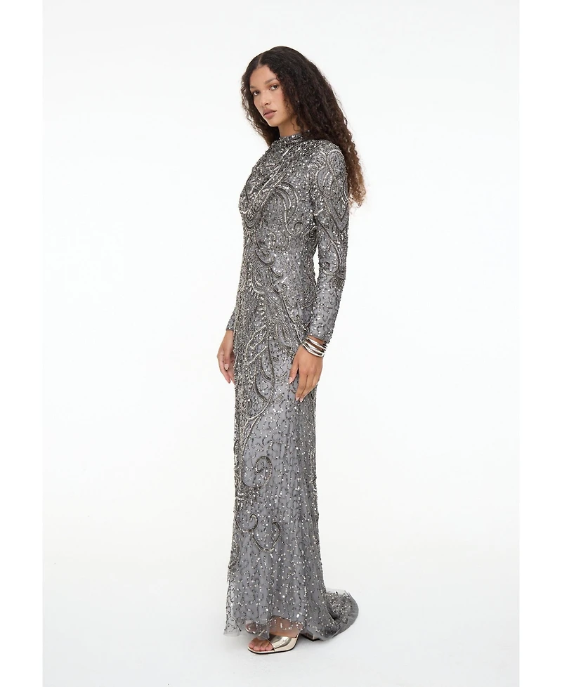 Maryisa Women's Modest Embellished Sequin Beaded Dress Maxi With Cowl Neck