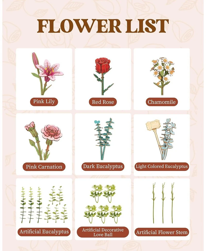 Robotime 3D Puzzle, Wooden Flower Basket with Exquisite Accessories, Decorative Building Kits for Kids Adults, Multicolored, 11"5.9"11.8"