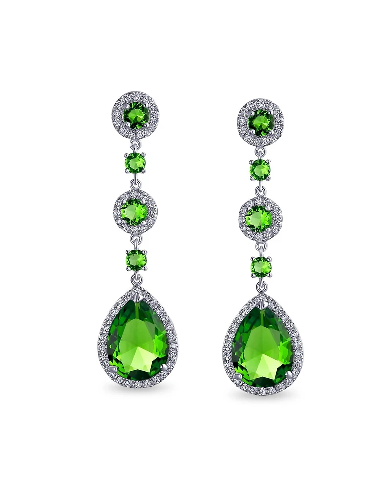 Bling Jewelry Set of 2 Clear & Green Cubic Zirconia Cz Teardrop Long Dangle Chandelier Prom Statement Earrings Sterling Silver