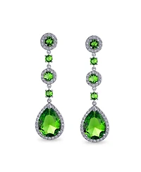 Bling Jewelry Set of 2 Clear & Green Cubic Zirconia Cz Teardrop Long Dangle Chandelier Prom Statement Earrings Sterling Silver