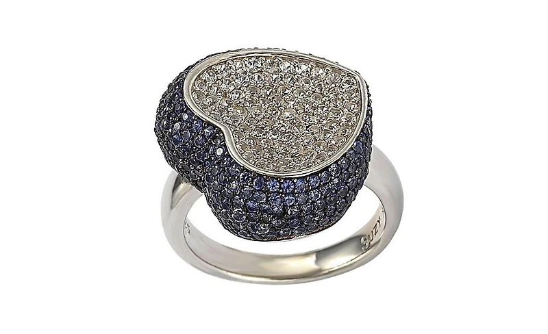 Suzy Levian Sterling Silver Sapphire Pave Puff Heart Ring