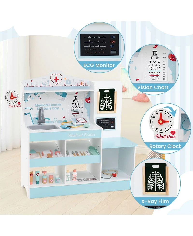 Hongge Wooden Doctor Playset with Stethoscope and Medical Tools for Toddlers Ages 3+ - Blue