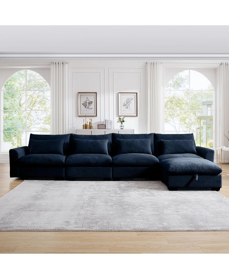 Streamdale Furniture Streamdale Large L Shape Corduroy Sectional Sofa with Storage Footstool, Blue