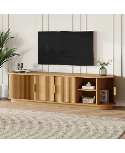 Streamdale Furniture Farmhouse Black Wooden Tv Stand with Sliding Tambour Door & Golden Handle