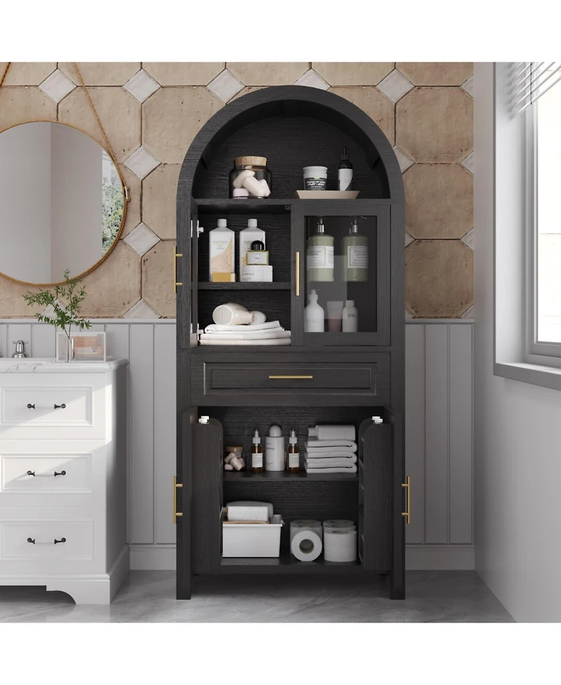 Streamdale Furniture Streamdale 71" Arched Kitchen Pantry Cabinet with Glass Door, Black