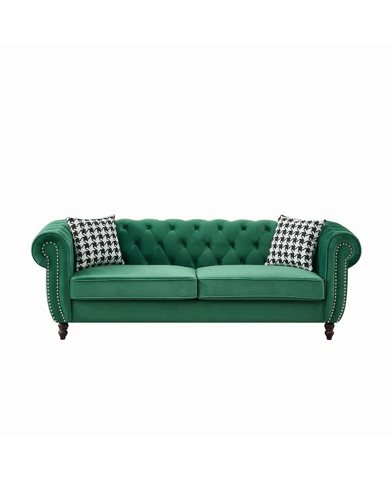 Streamdale Furniture Chesterfield Velvet Sofa with Roll Armrest & Nailhead, Green