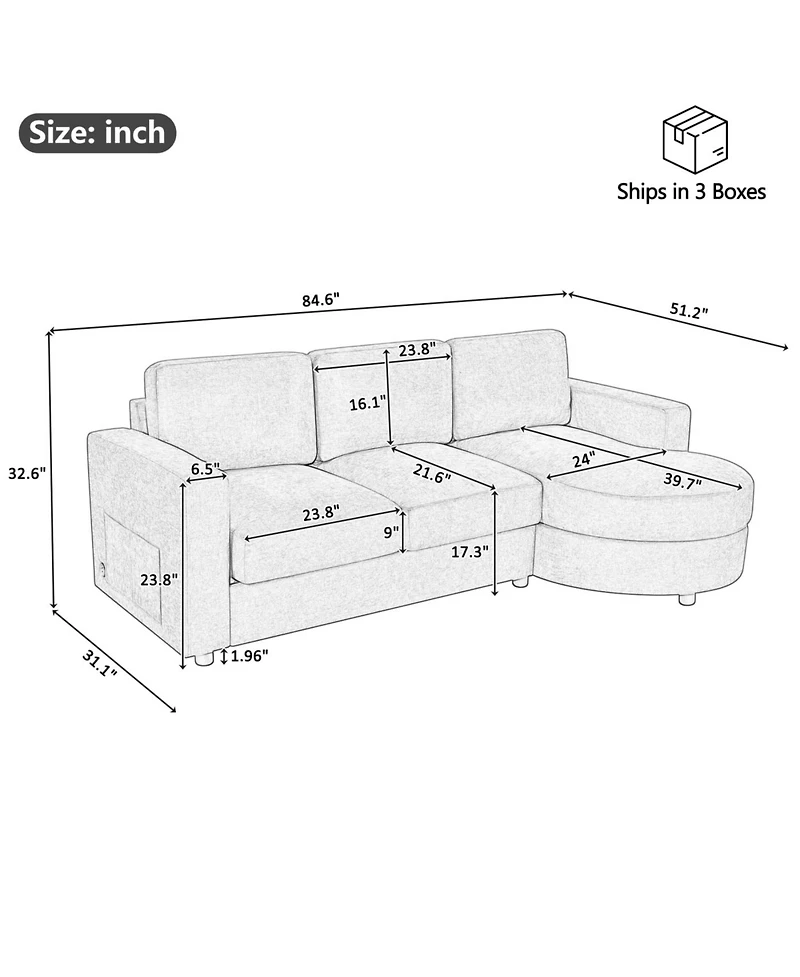 Streamdale Furniture Streamdale Modern L-shaped Sofa Couch with Curved Chaise, Usb & Storage, Blue