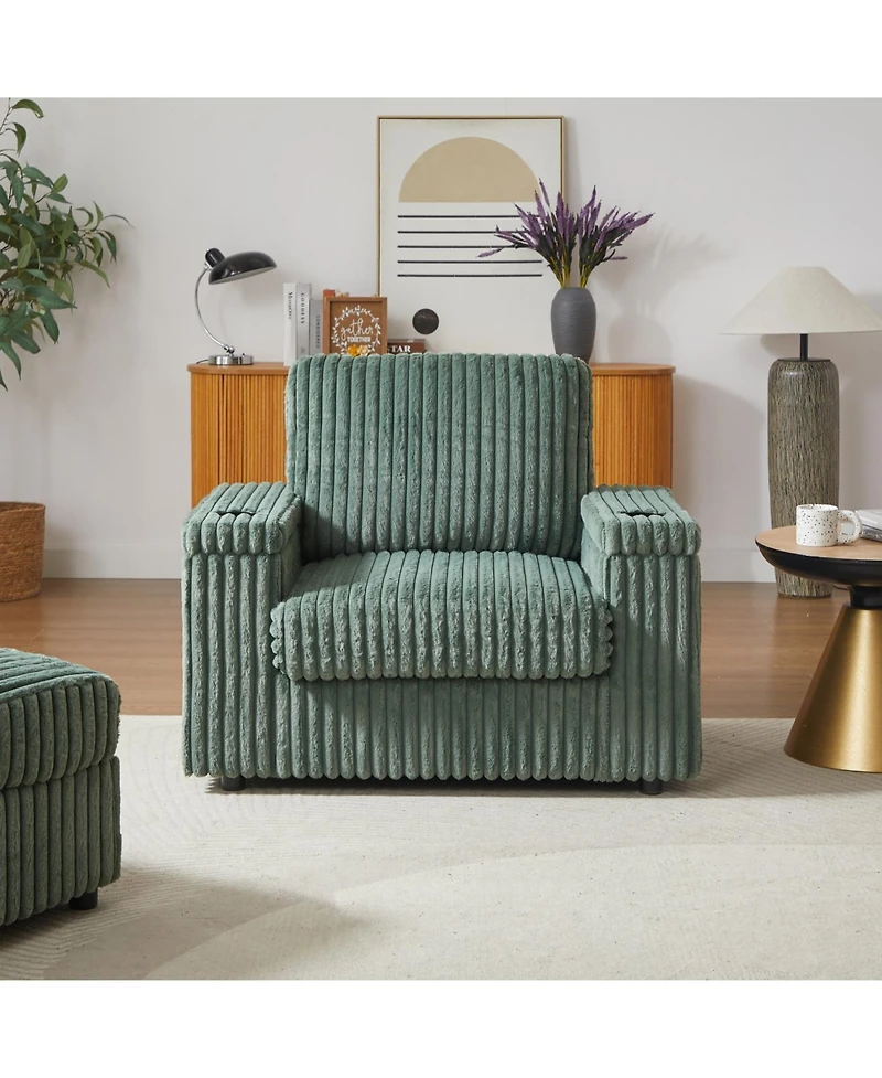 Streamdale Corduroy single recliner with pillow, cup holder, storage footrest