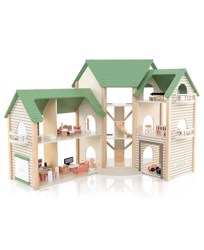 Hongge Wooden Corner Dollhouse Playset with 6 Rooms, Furniture, and 36 Accessories - Green