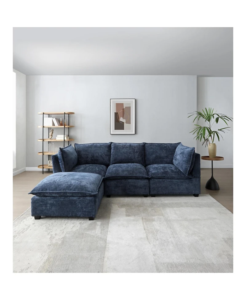 Streamdale Furniture Modern Linen L-Shape Sectional Sofa with Convertible Ottoman - Blue