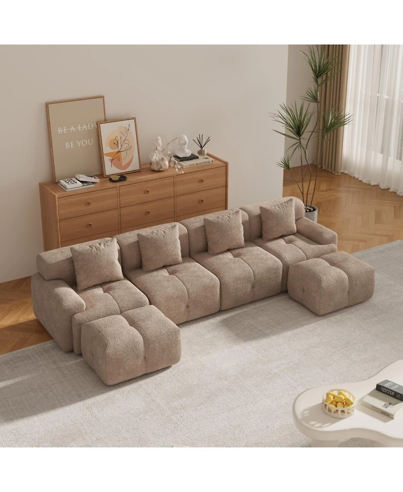 Streamdale Furniture U-Shaped Sleeper Sectional Sofa, 6-Piece Modular Couch with Ottomans & Pillows, Taupe
