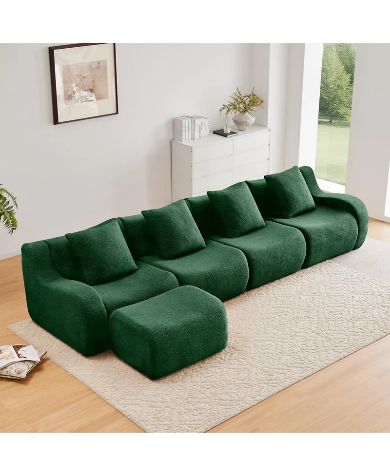 Streamdale Furniture L-Shaped 4-Seat Boneless Sofa, Teddy Fabric, No Assembly, Curved Armrest, Green