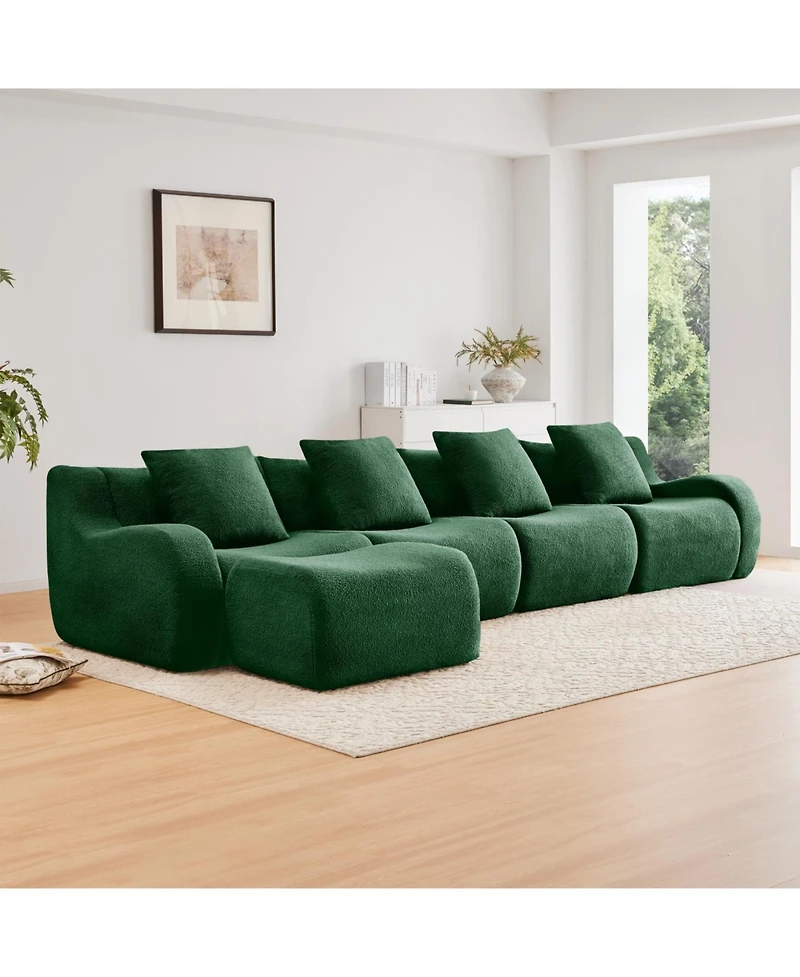 Streamdale Furniture L-Shaped 4-Seat Boneless Sofa, Teddy Fabric, No Assembly, Curved Armrest, Green