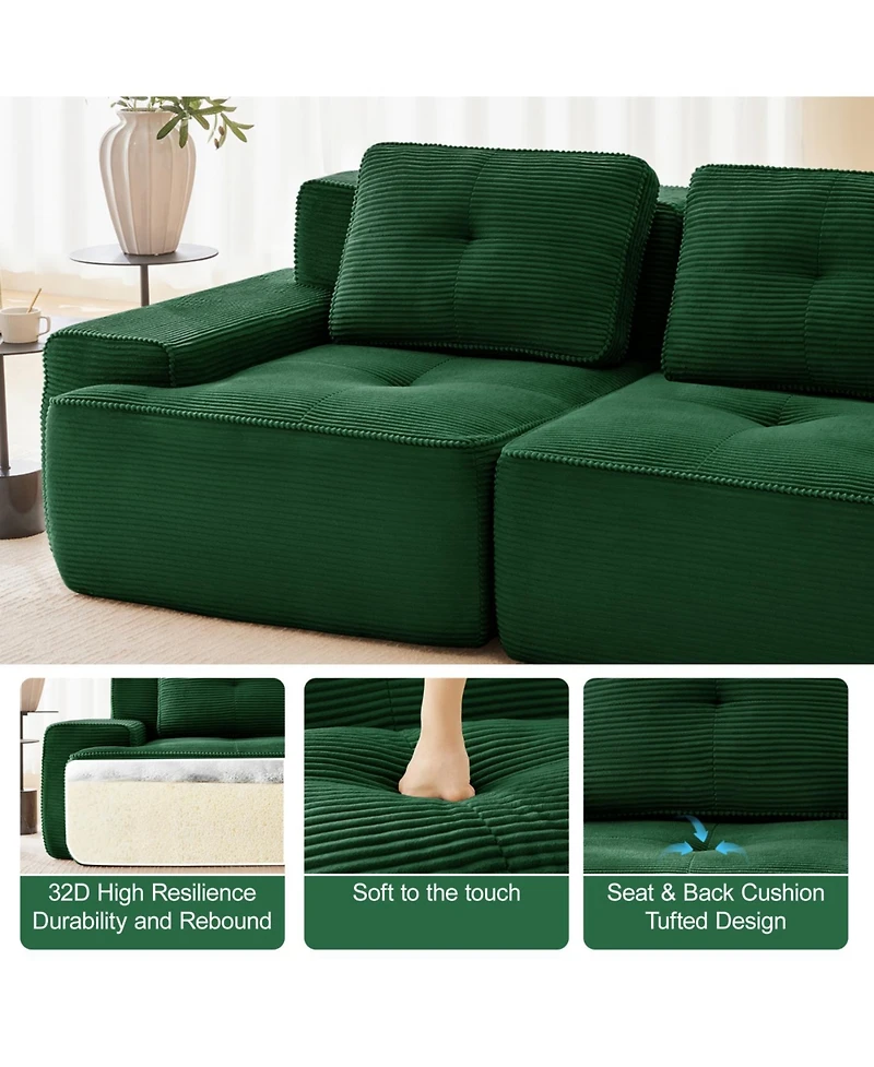Streamdale Furniture Streamdale Modern L-Shaped Corduroy Sectional Sofa with Movable Ottoman - Green