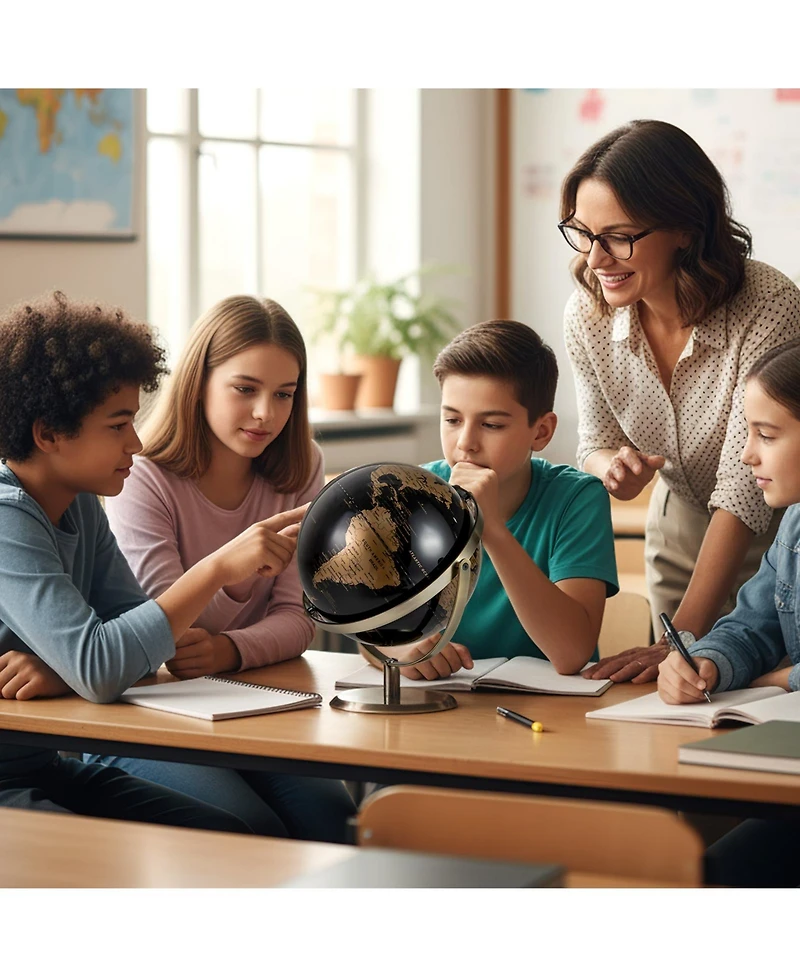 Hongge 9-Inch Metallic Black and Gold World Globe with Sturdy Metal Base