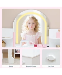 gaomon Kids Vanity with Lighted Mirror & Stool, Little Girls Vanity with Adjustable Led Light, Bookshelf