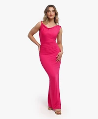 Popilush Women's Shapewear Solid Cowl Neck Ruched Sculpting Maxi Dress