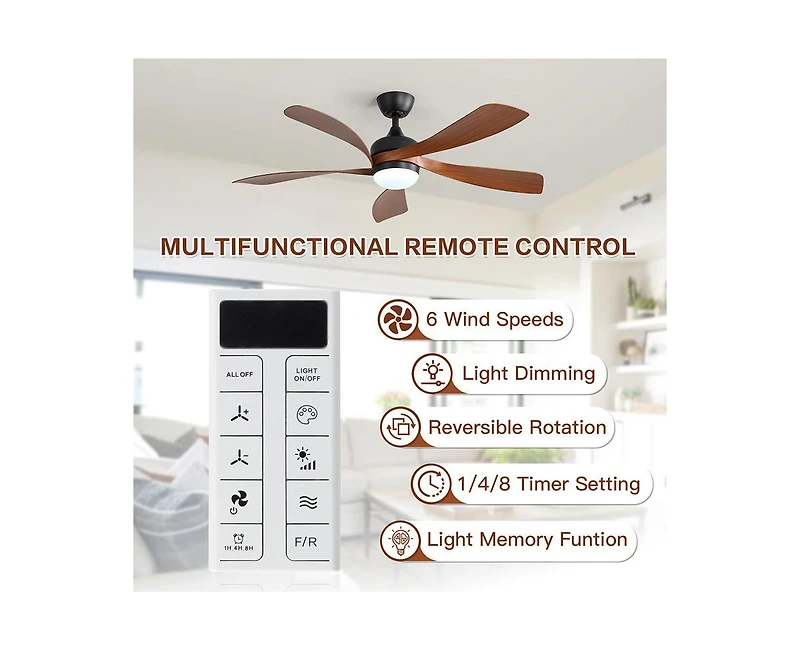 Sofucor 52-inch Modern Smart Standard Black 5-Blade Ceiling Fan with Remote Control and Led Light