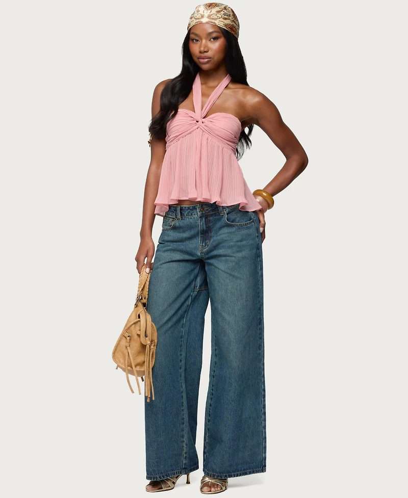 Edikted Women's Pleated Chiffon Babydoll Halter Top