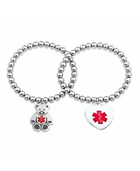 Bling Jewelry Set of 2 Medical Id Bracelet Teddy Bear & Heart Charm Silver Tone Beads