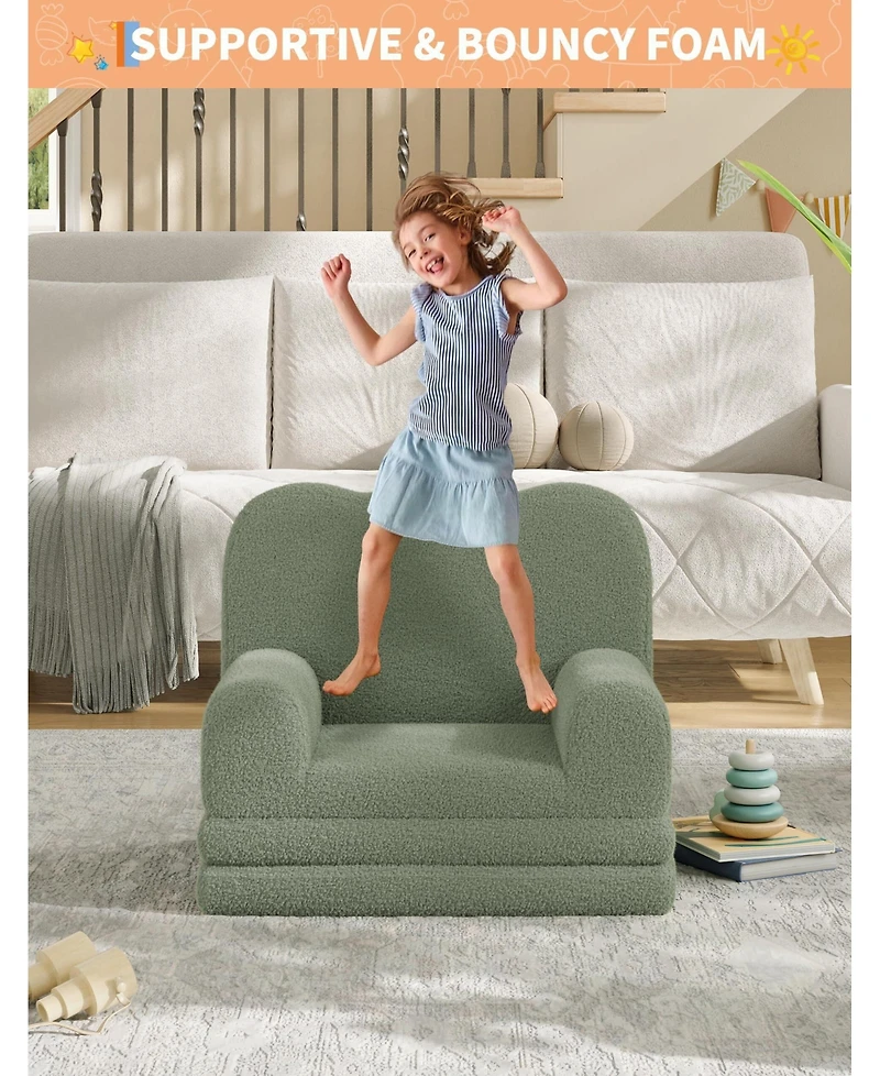 gaomon Kids Couch, 2-in-1 Convertible Teddy Fleece Fabric Toddler Sofa Chair, Soft Fold Out Couch Lounger for
