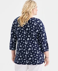 Style & Co Plus Printed Boat-Neck Cotton Lace-Up-Sleeve Tunic, Macy's Exclusive