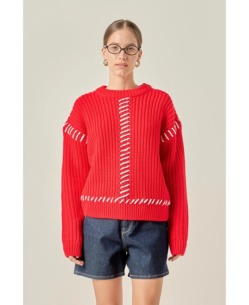 English Factory Women's Stitch Detailed Chunky Crew Neck Knit