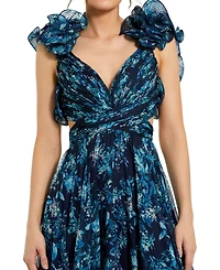 Mac Duggal Women's Pleated High Neck Raglan Long Sleeve Side Slit Gown