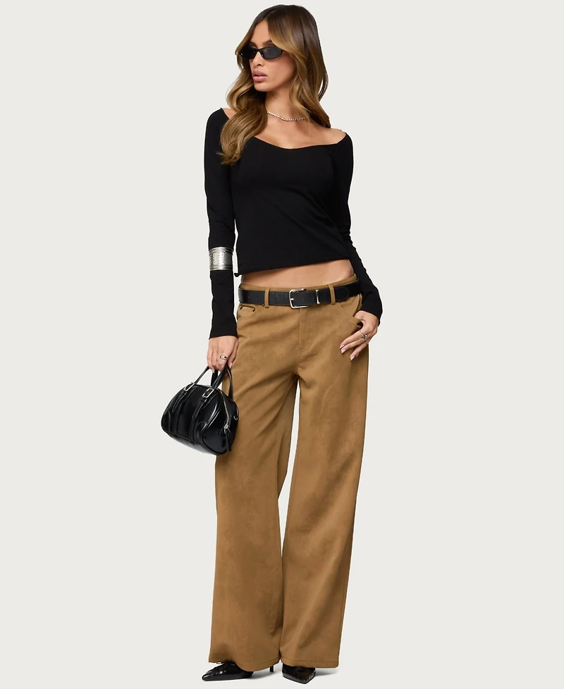 Edikted Women's Stacey Low Rise Faux Suede Pants