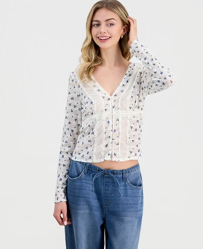 Madden Girl Juniors' Lace Long-Sleeve Woven Top