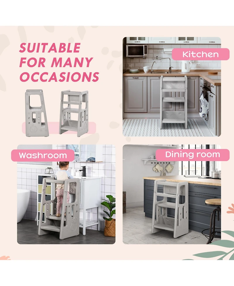 Qaba Toddler Tower with Adjustable Height, Toddler Kitchen Stool Helper with Anti-slip Mat, Step Stool for Kitchen, Bathroom