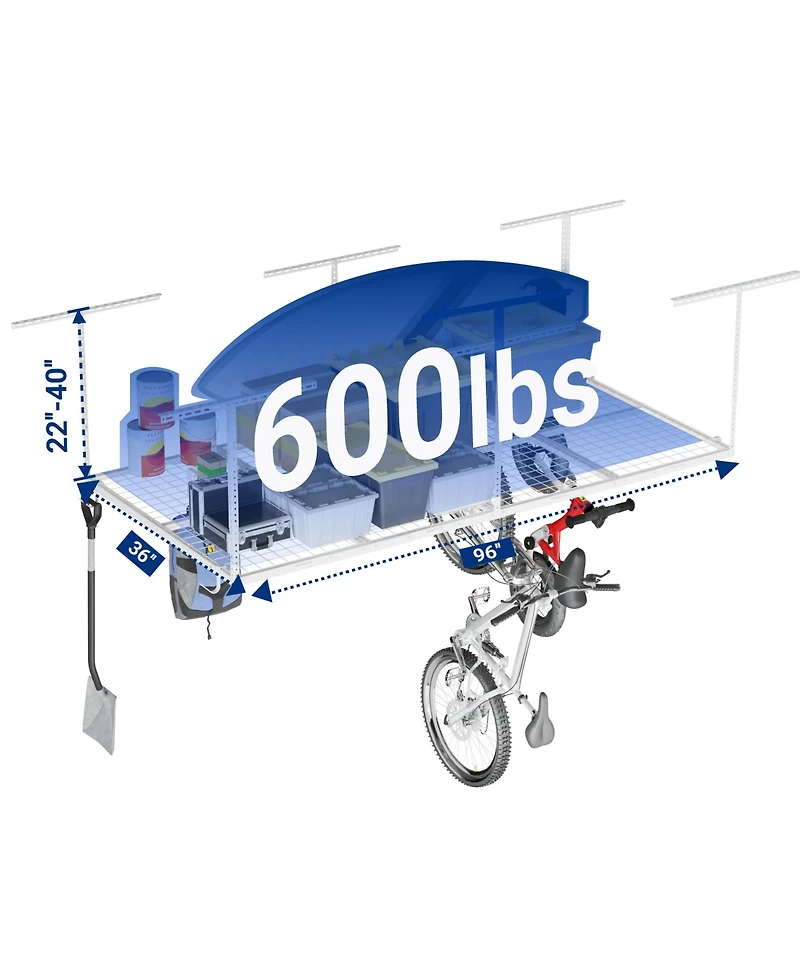 Fleximounts OHK38-e 36″ W × 96″ D Adjustable-Height Overhead Garage Storage Rack with 8 Hooks (White)