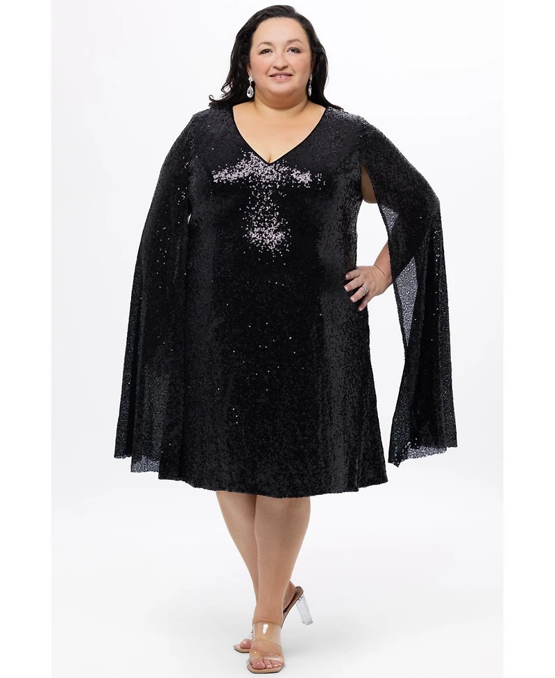 Celebrations by Sydney's Closet Women's Sequin V-Neck Cape Sleeve Party Dress