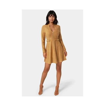 Bebe Women's Fit and Flare Long Sleeve Suede Mini Dress
