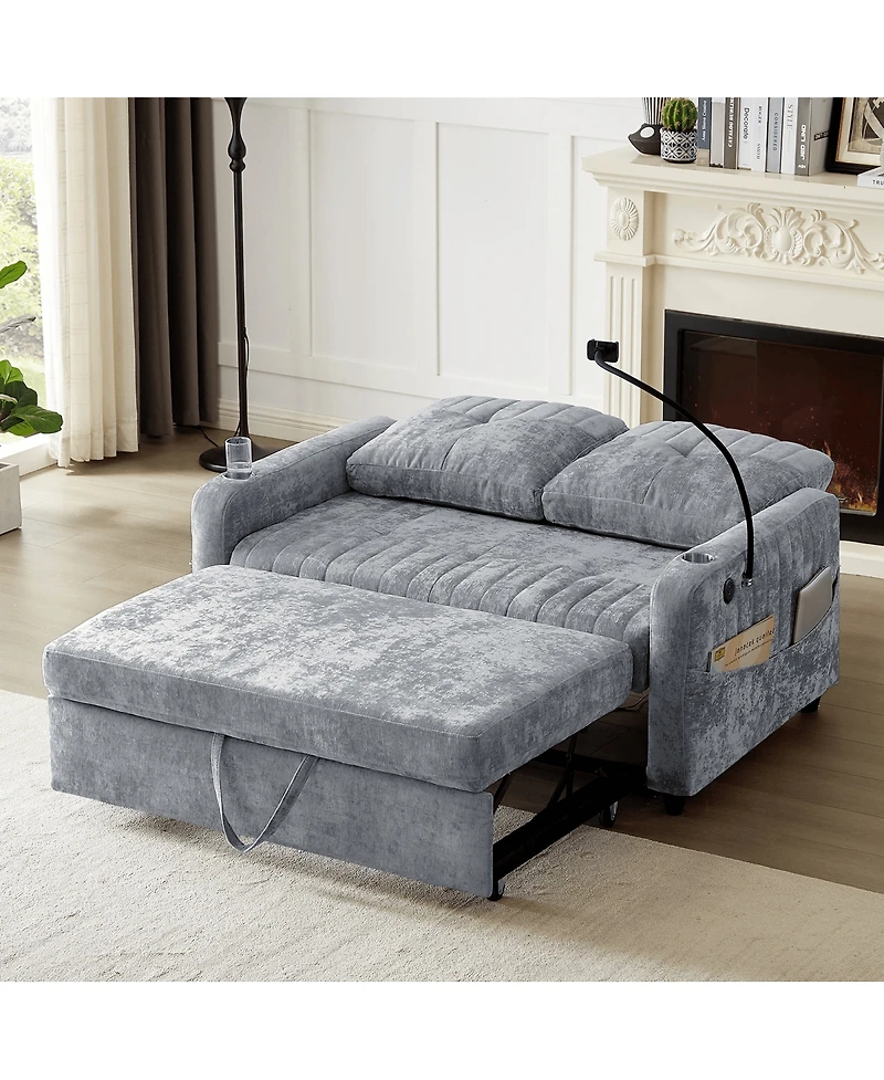 Maison Boucle 53.9" Chenille Pull-Out Sleeper Sofa with Adjustable Backrest, Usb Ports, Cup Holders & Side Storage