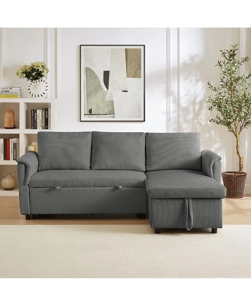 Maison Boucle 77.25" L-Shaped Corduroy Pull Out Sofa Bed with Chaise Storage, Tufted Modular Sleeper Couch Loveseat Adjustable Back