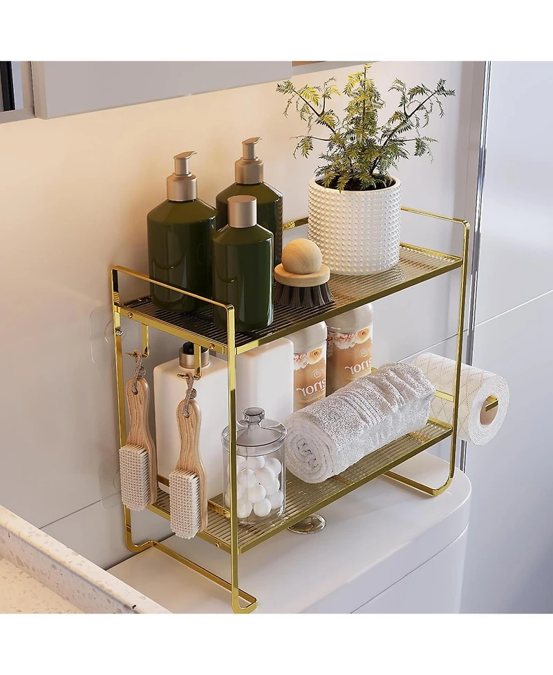 Gaomon 2-Tier Toilet Shelf w/ Paper Holder & Hooks, Metal Bathroom Organizer, Gold, 14.1"x6.3"x10.6"