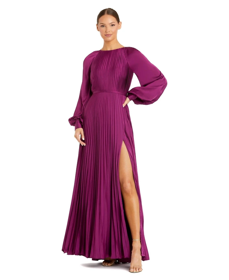 Mac Duggal Women's Ieena Long Sleeve Pleated High Neck Gown