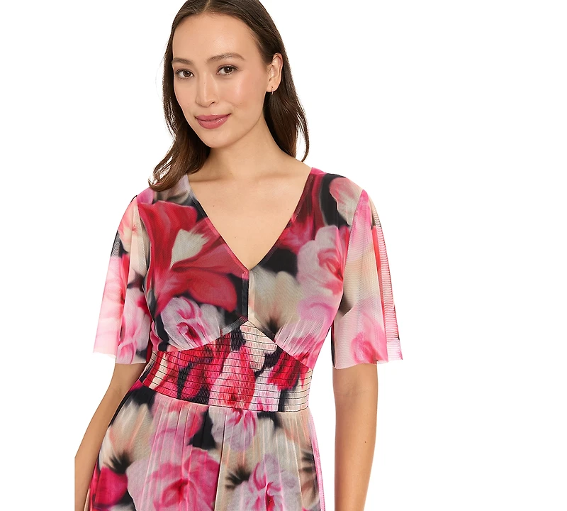 London Times Women's V-Neck Smocked Flutter-Sleeve Maxi Dress