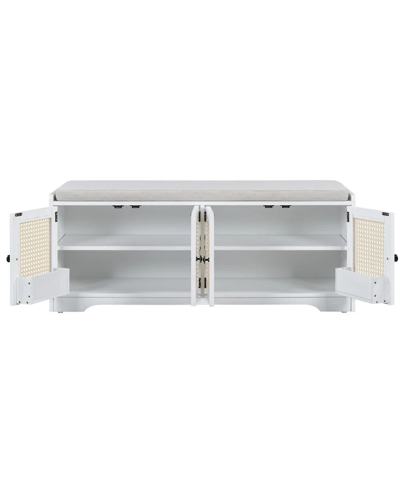 Streamdale Furniture Rustic Storage Bench with Cushion and Rattan Doors (Brown+Beige