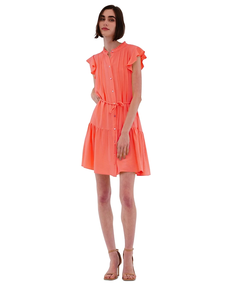 julia jordan Women's High-Neck Tie-Wast Tiered Shirtdress