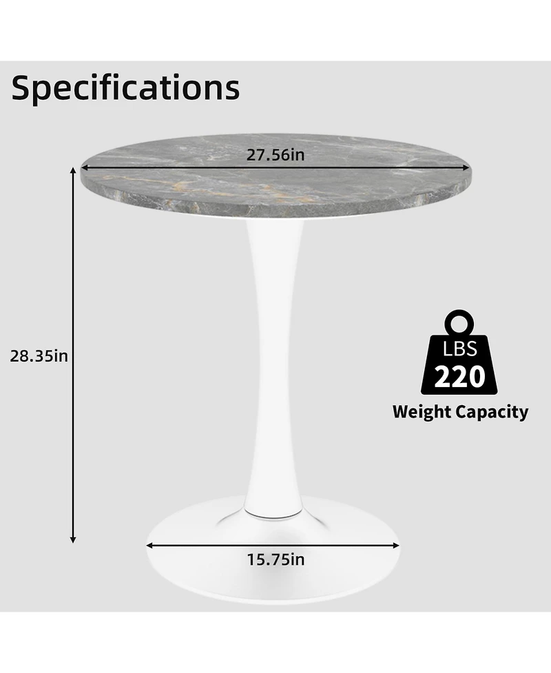 Streamdale Furniture 27.6" White Mid-Century Modern Dining Table with Round Marble Top