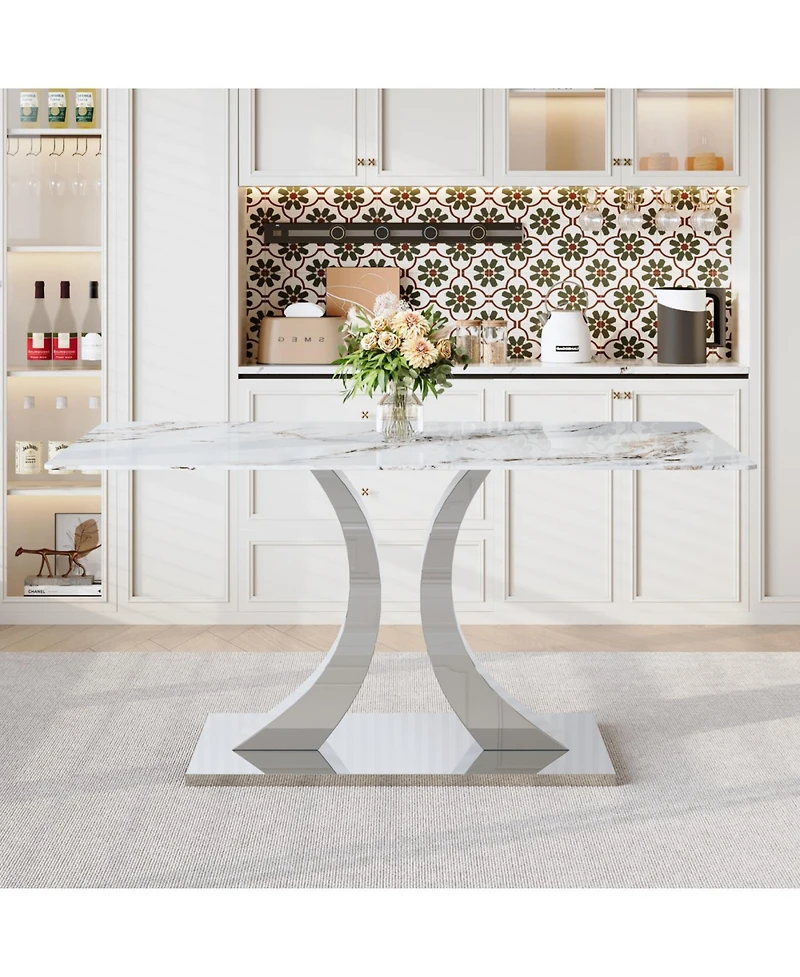 Streamdale Furniture Streamdale Transformable Stainless Steel Dining Table - White Glass Top, 63"x35