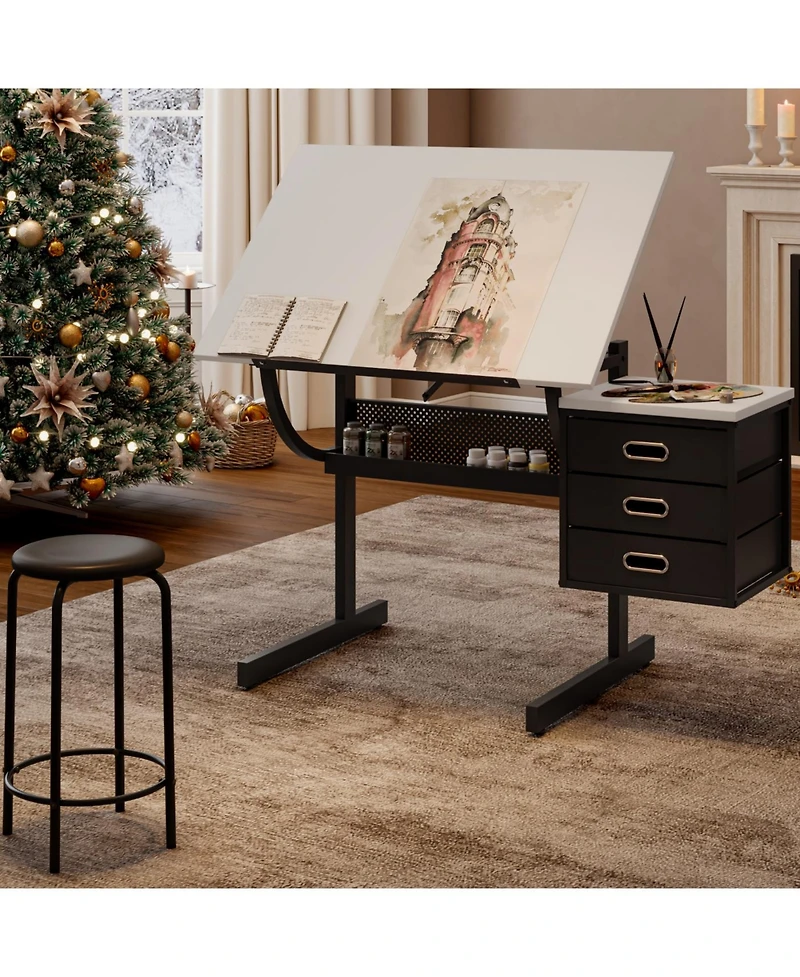Streamdale White Adjustable Drafting Drawing Table with Stool & 3 Drawers