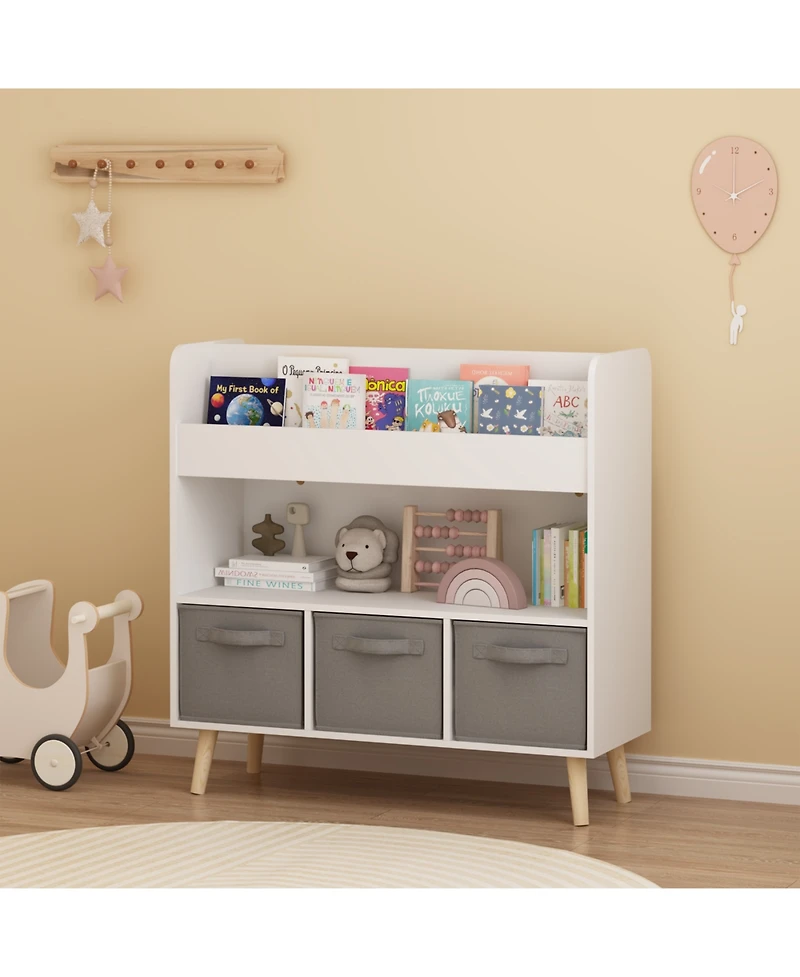 Streamdale Furniture Streamdale Kids Bookshelf with 3 Fabric Bins - White & Gray